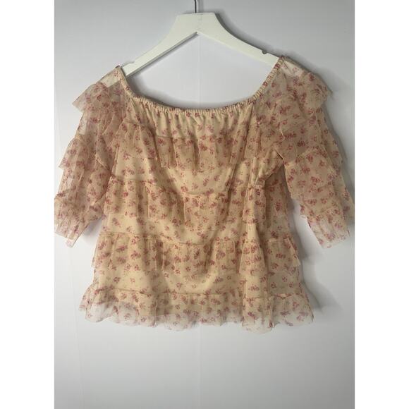 EXPRESS Sheer Tulle Ruffle Top Sz L Coquette Fairy Boho Romantic Rose Bud - Picture 2 of 10